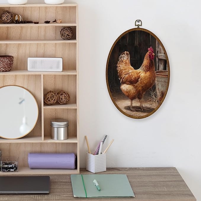 WULQYING Vintage Farmhouse Chicken Wall Art Decor, Rustic Country Chicken Oval Framed Canvas Art Prints, Retro Cottagecore Farm Animal Wall Hanging Decor for Home Bedroom Living Room, 8.6x11.4 Inches