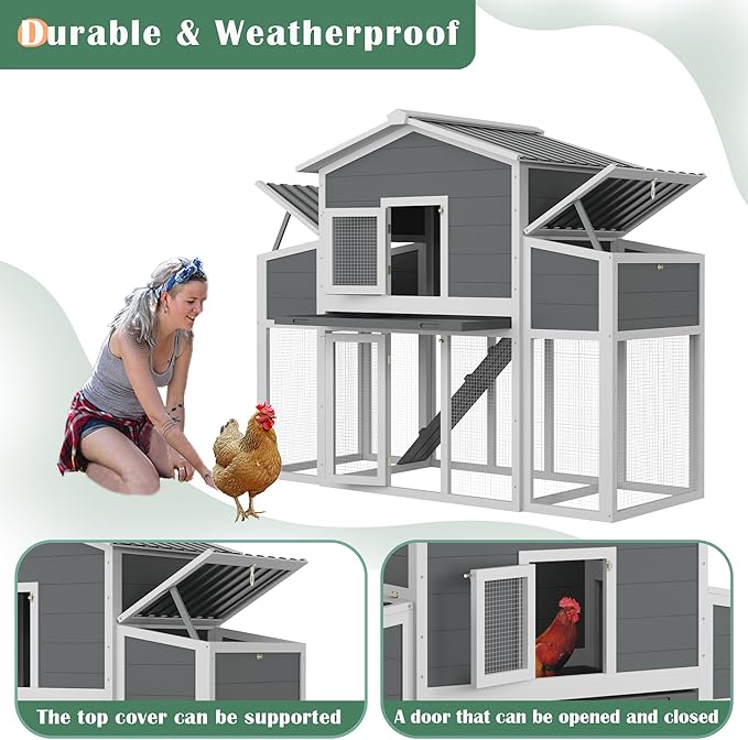 Wooden Chicken Coop with Run, Outdoor Chicken House with 2 Nest Boxes for 2-6 Chickens, Outside Hen House Poultry House Pet Hutch Chicken Cage with Waterproof Roof & Ramp, (66''LX32''WX53''H)