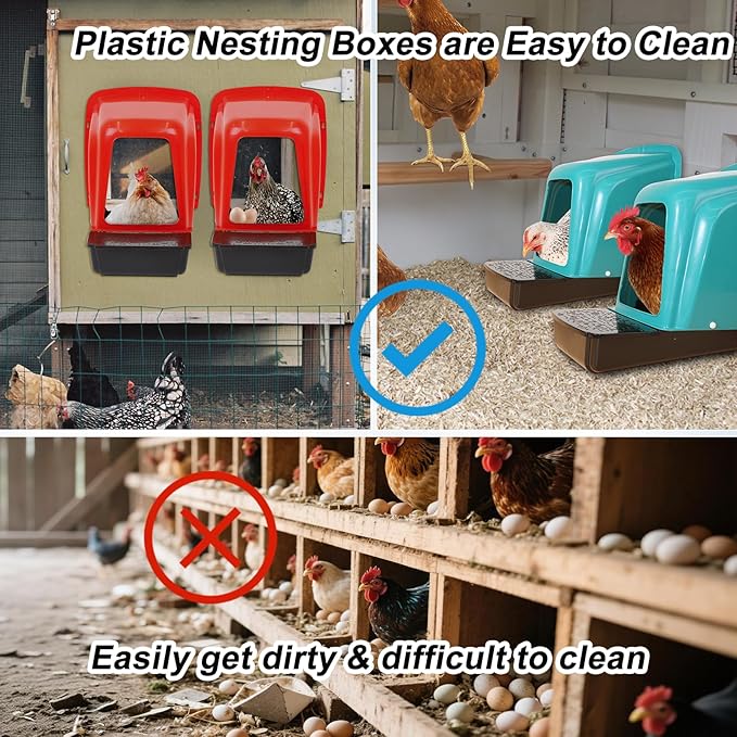 Chicken Nesting Boxes 10 Pack with Egg Roll Out, Plastic Chicken Laying Boxes for Chicken Coop, Wall Mounted Hen Nesting Box for Chickens & Poultry, Durable, Easy to Install & Clean, Red