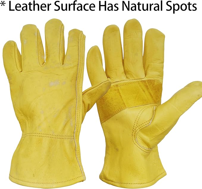 3 Pairs Leather Work Gloves For Men Cowhide Working Gloves Abrasion Resistant Driver Gloves