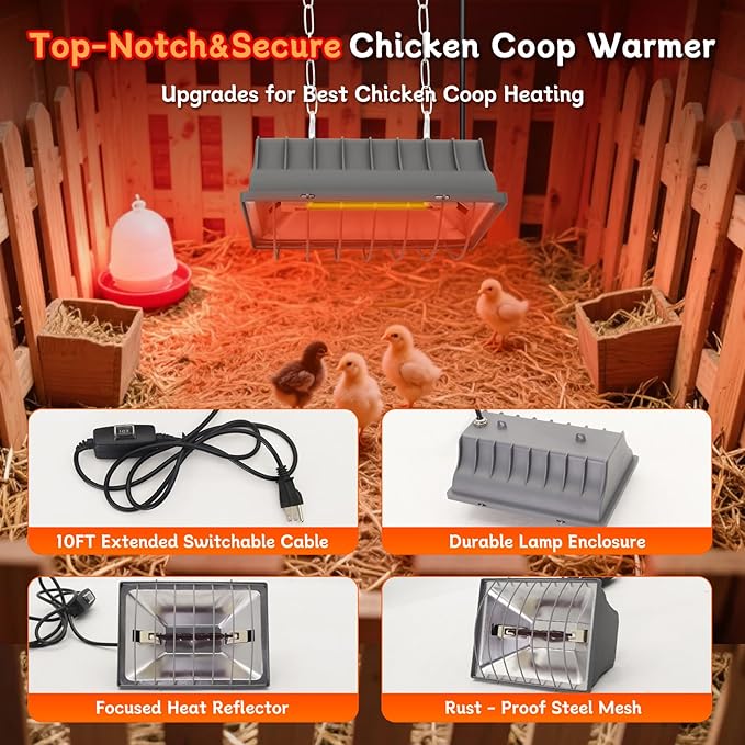 Chicken Coop Heater Lamp,250W Brooder Heating with Temperature Control Adjustable Hanging Height for Chicken,Cat Bed,Dog Kennel,Reptiles & Incubators,Poultry Heating Warm in Winter