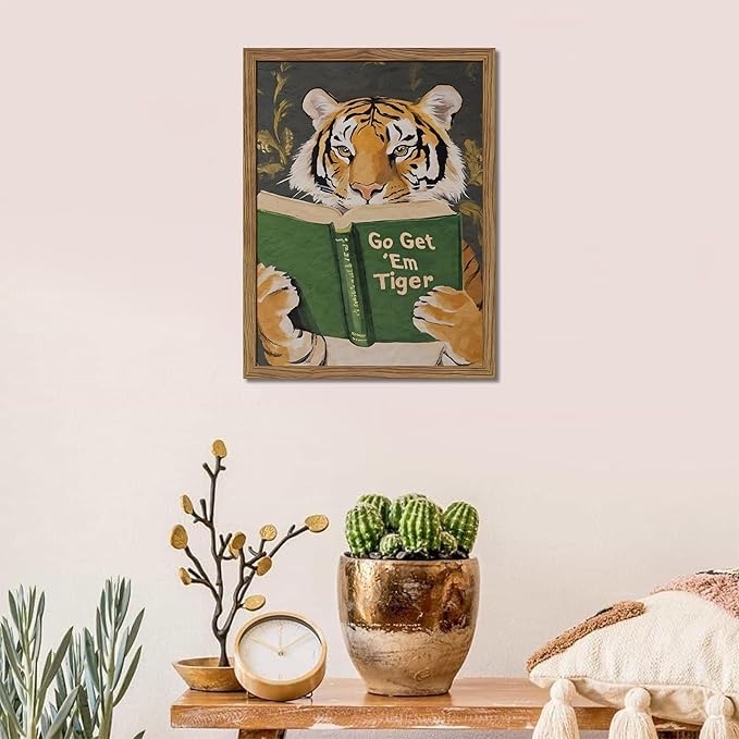 Framed Tiger Canvas Wall Art, Motivational Tigers Reading Poster Print, Humorous Bookworm Pictures Wall Decor, Vintage Go Get Em Tiger Painting for Office Library Bedroom Decor 8x10 inch