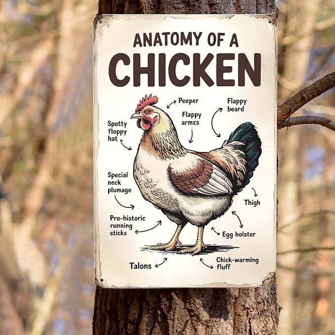 Retro humor wall art sign featuring Anatomy Of A Chicken Metal Tin Sign Classroom Farm Decor Perfect For Hanging In Coop Rustic Vintage Finish Educational 8x12 inch metal sign for home bar wall