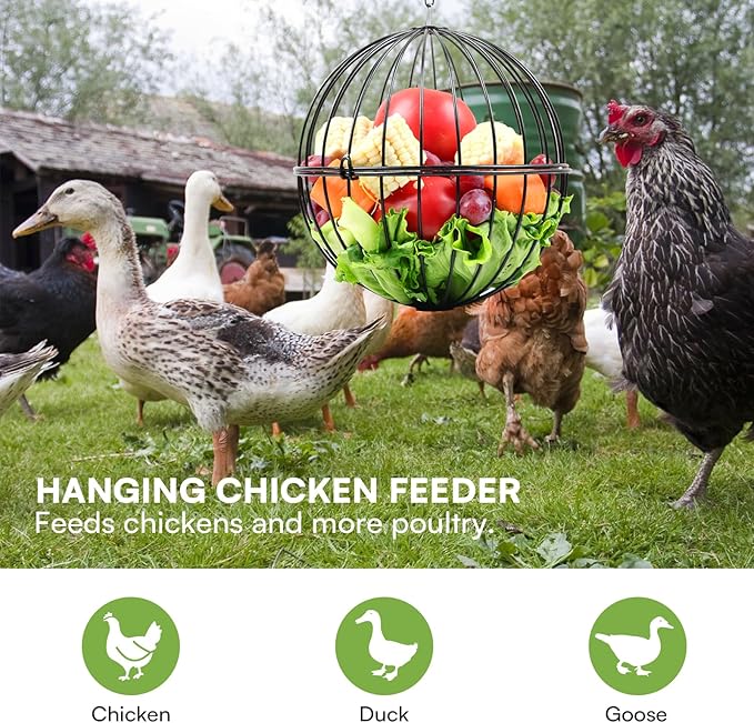 Hanging Chicken Feeder, 7.1 Inch Large Chicken Vegetable Hanging Feeder, Treat Holder with 15.7 Inch Hanging Chain Treat Ball Feeding Tool for Poultry (Black)