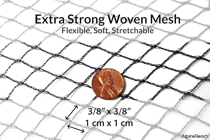 AlpineReach Koi Pond Netting Kit 28 x 30 ft Black Heavy Duty Woven Fine Mesh Net Cover for Leaves - Protects Koi Fish from Blue Heron Birds, Cats & Predators – Reusable & Stakes Included