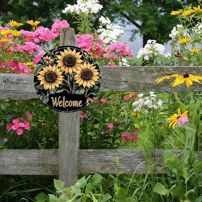 Sunflower Round Metal Tin Sign Wreath Welcome Metal Tin Sign Vintage Aluminum Wall Art for Home Garden Porch Yard Fence Retro Wall Decor 12x12inch