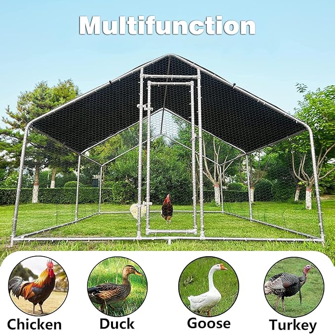 HITTITE Large Metal Chicken Coop with Run, 12.8 x 9.84 x 6.56 ft Walk in Poultry Cage Chicken Run Pen, Outdoor Chicken Runs for Yard with Waterproof & Anti-UV Cover