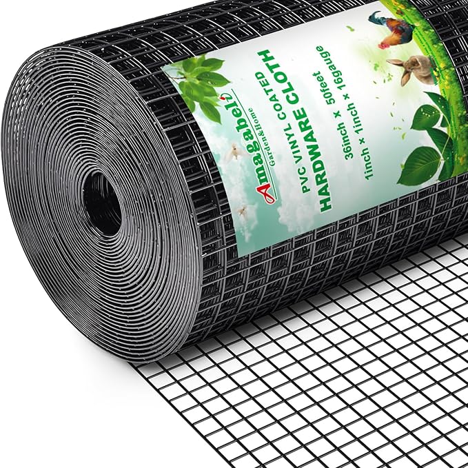 AMAGABELI GARDEN & HOME Black Hardware Cloth 1 x 1 inch 36inch x 50ft PVC Vinyl Coated Wire Mesh Roll Weld Wire Fence Chicken 16 Gauge Garden Fence Chicken Coop Wire Fencing Gopher Rabbit Tree Guard