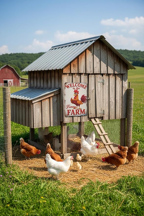Welcome to The Funny Farm Aluminum Sign Humorous Chicken Coop Sign Rustic Farmhouse Welcome Sign for Backyard Flock 8x12 Inches Outdoor Metal Decor Style-03