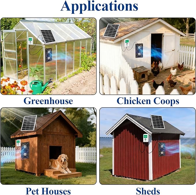 Solar Exhaust Fan, 25W Solar Panel and Solar Powered 2-Fan, IP68 Waterproof，with 7500mAh Battery for Chicken Coop, Shed, Greenhouse, Dog House, 2 Pcs Ventilation Vent Fan, with Bracket for Shed