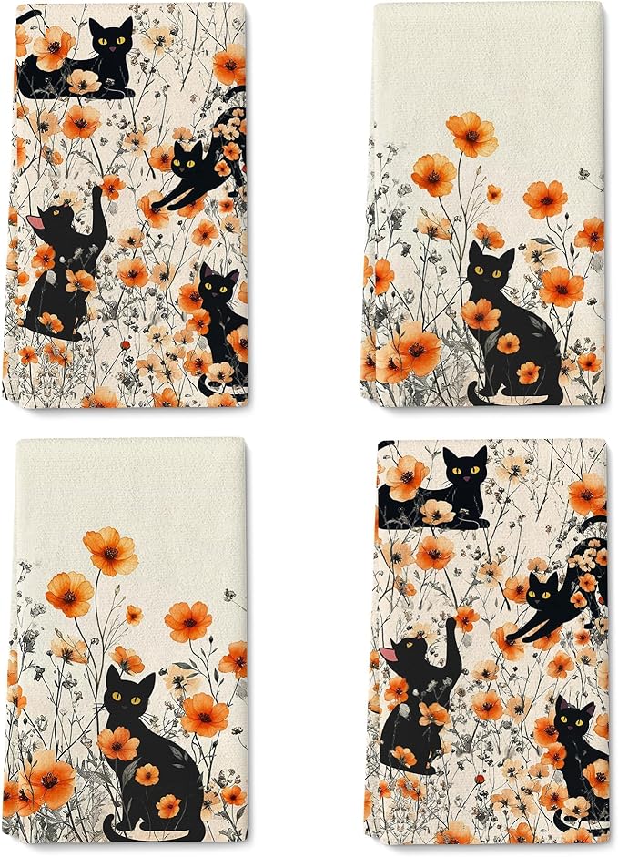 Black Cat Kitchen Towels Decorative Set of 4, Burnt Orange Floral Dish Towels Dish Cloths for Drying Cleaning, Soft Absorbent Cute Hand & Tea Towel, Cat Lover Kichen Decor & Gifts for Women