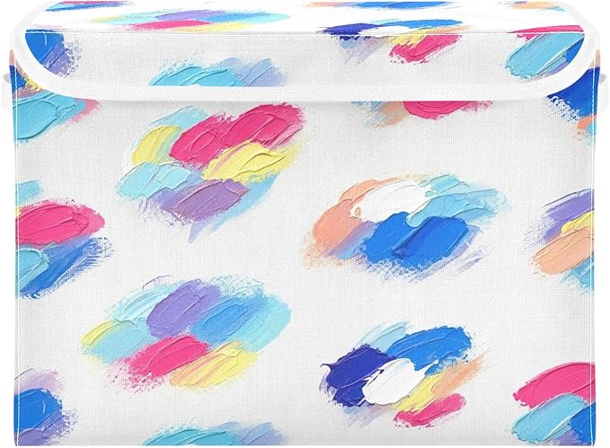 Colorful Brushstroke Pattern Storage Bins with Lids Foldable Storage Basket with Handles Collapsible Large Fabric Organizer Containers for Clothes Shelves Closet Office Home