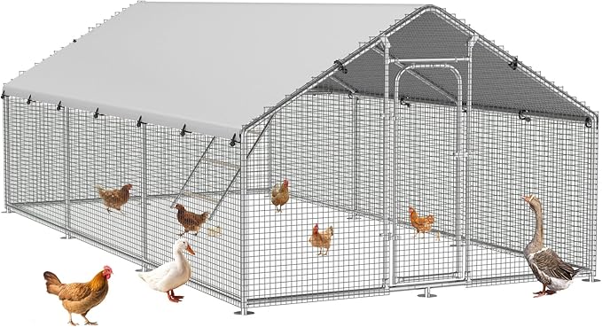 Large Metal Chicken Coop Run with Roosting Perch, Outdoor Poultry Cage with Waterproof & UV-Resistant Cover for Chickens, Ducks, Rabbits in Yard or Farm Use, Spire Roof(8.9'W x17.7'L x 6.6'H)