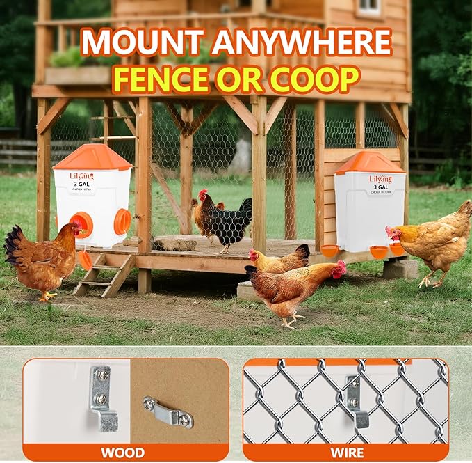 Lilyang Automatic Chicken Waterer 3 Gallon | Float-Control Auto Waterer, Hanging/Standing Design, Connect to 3/4'' Faucet & Hose, Effortless Hydration Solution for Backyard Coop & Small Farm