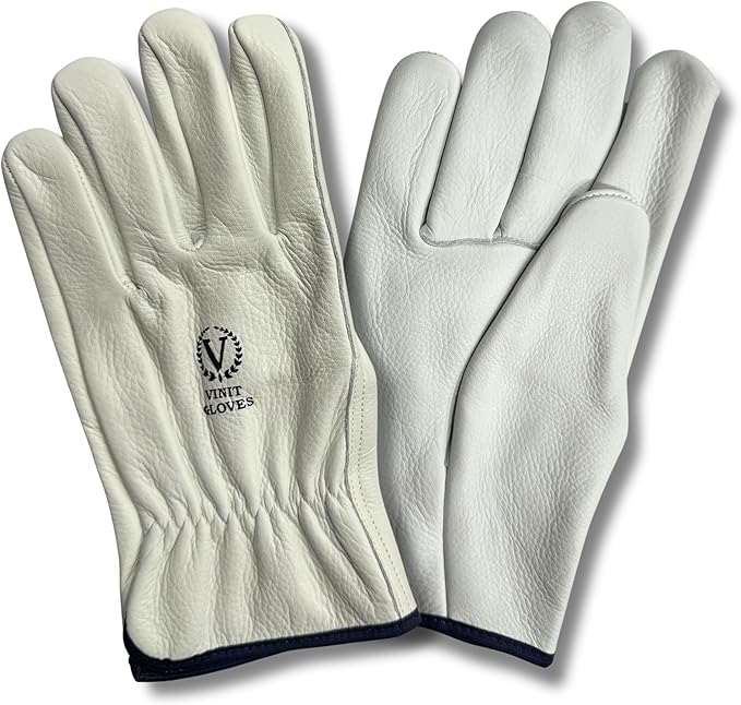 Leather Work Gloves, Light Beige Cow Grain, Straight Thumb Design with Tape Binding (GB-213.14 ST)