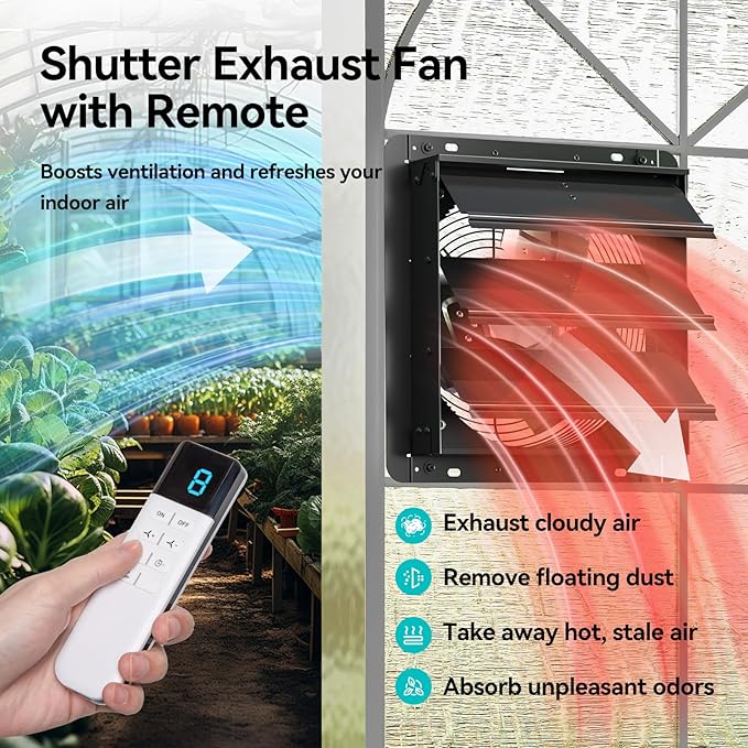 addlon 12 Shutter Exhaust Fan Wall Mounted with EC Motors and Remote Control, Timer, 8 Speeds, 1250CFM, Low Noise, Easy to Install, Plug in Ventilation Fan for Garages, Shops, Greenhouse, Attic