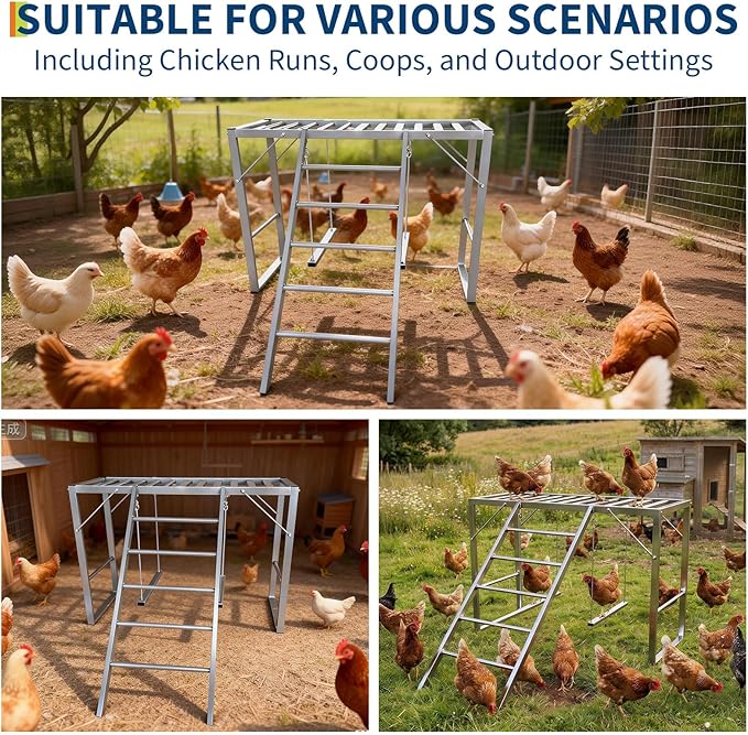 Heavy Duty Metal Chicken Perch with Swing & Ladder - Multi-Level Roosting Bars for 8-10 Chickens - Exercise Playground & Coop Accessory - Silver-Gray