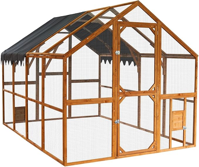 KEIKI 110" L Outdoor Large Chicken Coop with Waterproof Cover, Wire Mesh & 2 Lift Small Doors with Locks, Wood Chicken Coop House with Run for Cat Kitten Playpen, Duck, Rabbit, Quail