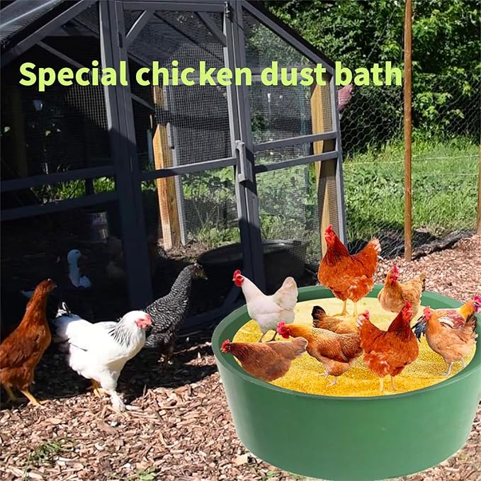 Chicken Dust Bath Tub, 25'' D * 5.9'' H, Bottomless Design, PE Eco Friendly, Dust Bath for Chickens, Chicken Coop Cleaner Container,Chicken Coop Lime,Essential Chicken Coop Accessory (1 Pack, Green)