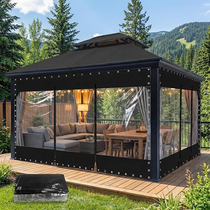 21.16oz Clear Tarps Heavy Duty Waterproof with Zipper 7(H) x10(W) ft, 19.69 MIL Patio Enclosures for Winter with Rustproof Grommets Patio Enclosure Tear-Resistant Tarpaulin for Pergola Porch, Black