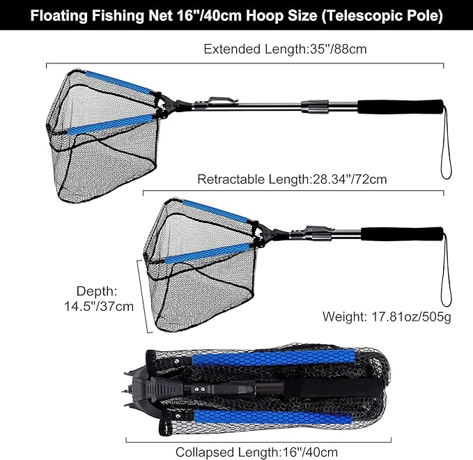 PLUSINNO Fishing Net Fish Floating Landing Net, Kayak Nets with Fixed Foldable Telescopic Pole Handle, Bass Trout Fishing Nets with Nylon Mesh for Pond Lake River, Fishing Gear Gifts for Men Anglers