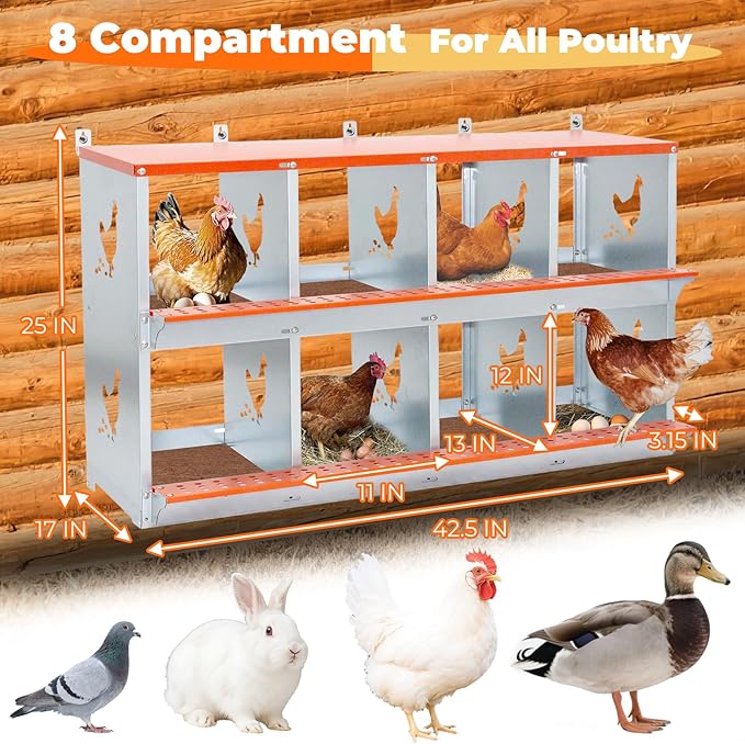 Chicken Nesting Box, 8 Compartment Metal Nesting Boxes for Chickens, Wall Mountable Chicken Laying Boxes, Easy Egg Collection, with Nesting Pads, Indoor & Outdoor Use, 42.5" L x 17" W x 25" H