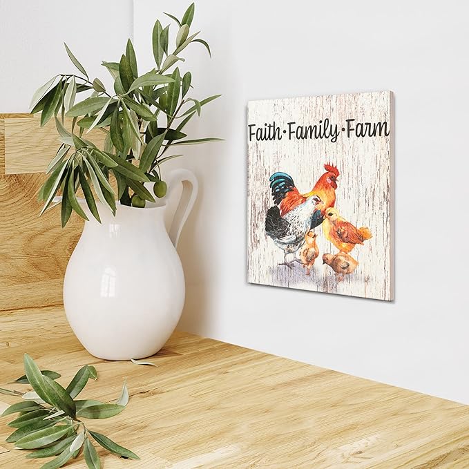 JennyGems Faith Family Farm Wooden Sign, Rustic Farm Signs, Chicken Decor, Farmhouse Decorations, Made in USA