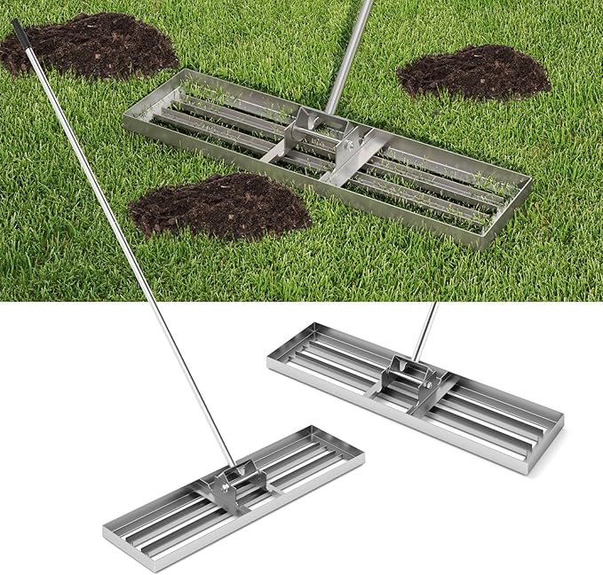 Happygrill Lawn Leveling Rake, Heavy Duty Lawn Level Tool for Soil w/67” Handle, Dirt Ground Leveler, Effort-Saving Landscape Rake for Garden, Backyard, Golf Course, Farm, Pasture (36" x 10", Silver)