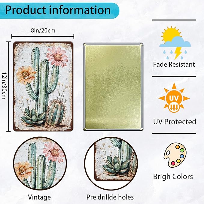 Bouquet Square Vintage Tin Sign Cactus Wall Art Cacti Art Wall Sign Decor for Home Kitchen Garage Outdoor Yard Farmhouse 8x12 Inch