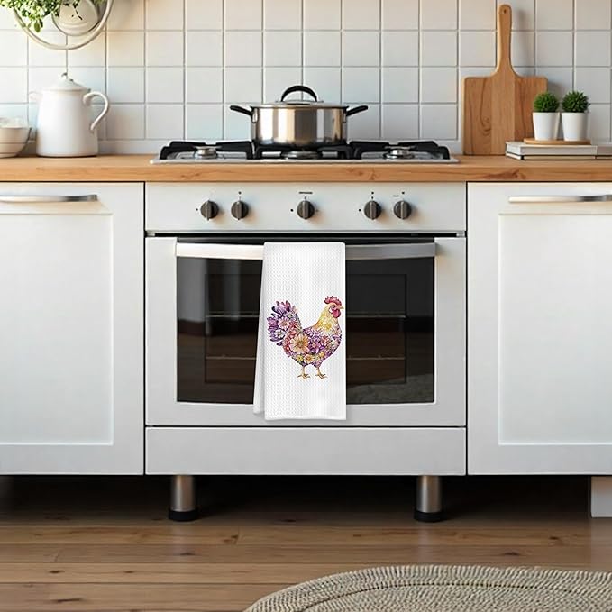 Rustic Purple Floral Rooster Kitchen Towels, Gifts for Chicken Lovers Dish Tea Towels, Farmhouse Flower Chicken Decorative Hand Towel for Bathroom Kitchen, 16x24 Inch