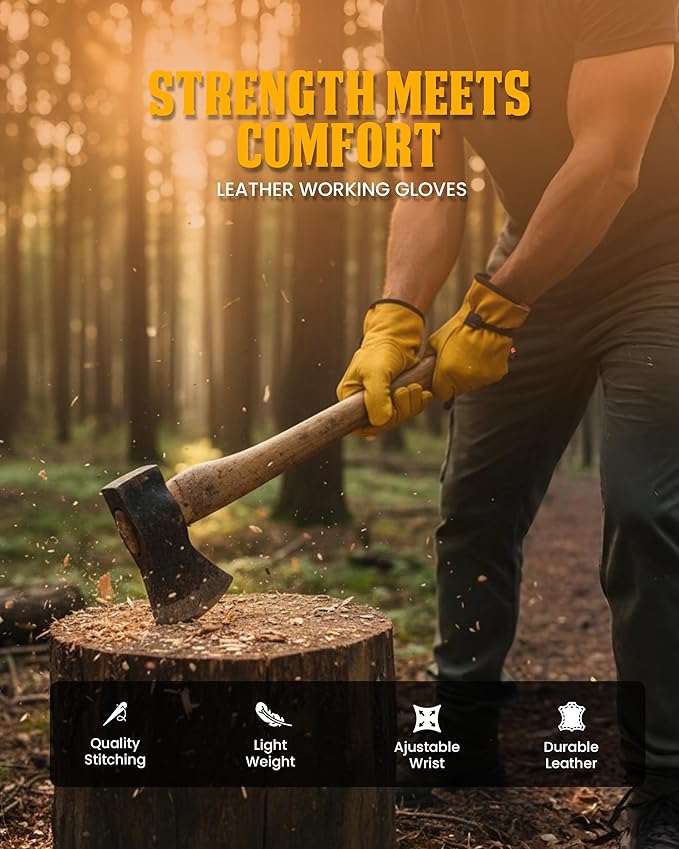 1 Pair Heavy Duty Leather Work Gloves for Men & Women – Adjustable Strap Cowhide Construction & Yard Leather Gloves – Puncture Resistant Safety Gloves for Landscaping & Outdoor Use (XL)