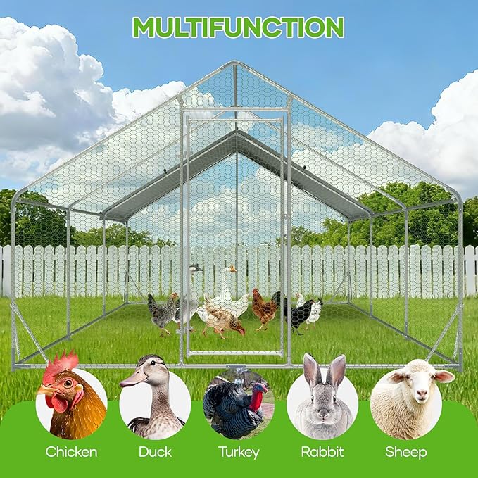Large Metal Chicken Coop,10x20 FT Walk in Chicken Runs with Cover for 30 Chickens,Hen House Enclosure with Security Lock, Outdoor Duck Rabbit Cage Poultry Pens for Backyard,Farm,Yard