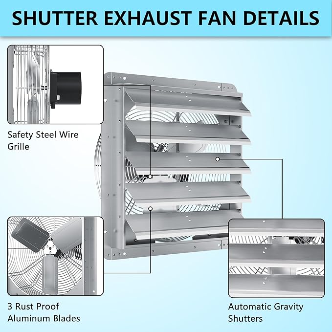20 Inch Shutter Exhaust Fan, Aluminum Wall Mounted Exhaust Fan, 4000 CFM High Speed Automatic Shutter Attic Fan, Vent Fan For Greenhouse,Shed,Shop,Garage,ETL Listed