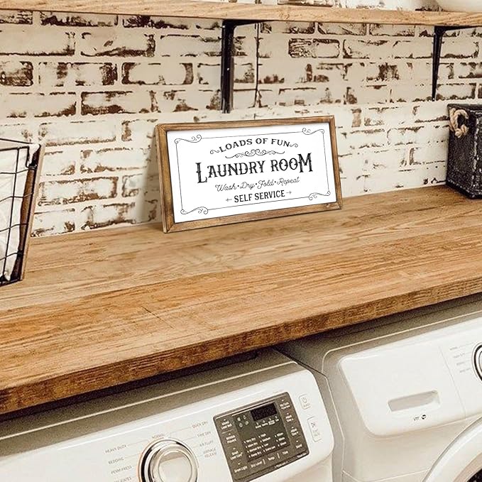 Laundry Room Sign - Vintage Rustic Wooden Wall Decor, Farmhouse Laundry Room Decor with “Loads of Fun” Quote, 16x8 Inches