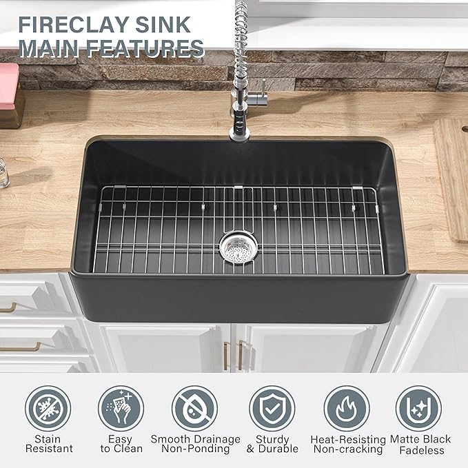 Black Farmhouse Sink 33 x 18 Inch, Single Bowl Firecaly Apron Front Undermount Farm Sink, with Accessories 2 Types, Matte Black, for Kitchen