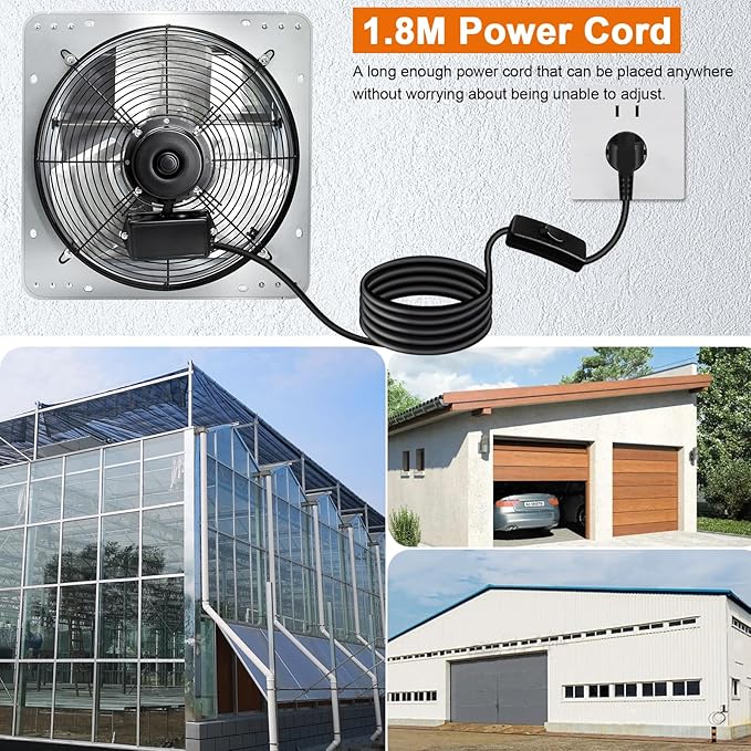 Hiorucet 14 Inch Shutter Exhaust Fan, 1558CFM High Speed Low Noise Aluminum Louvered Exhaust Fan Wall Mounted with 1.8m Power Cord for Greenhouse, Garage, Shop, Attics, Chicken Coop Ventilation.