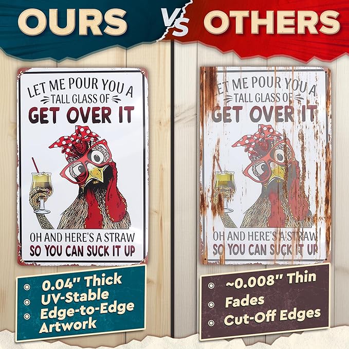 Let Me Pour You a Tall Glass of Get Over It Tin Sign 8x12" – Metal Funny Chicken Coop Signs for Outside – Rustic Tin Farmhouse Wall Art & Vintage Funny Kitchen Signs for Kitchen, Barn, or Backyard