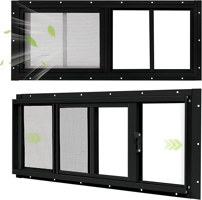 2 Pack Shed Windows, 10"x 23" Black Sliding Window Suitable for Chicken Coop, shed, Household, Barn - Transom Window with Tempered Glass and Fiberglass Screen (BK,10''x 23'')