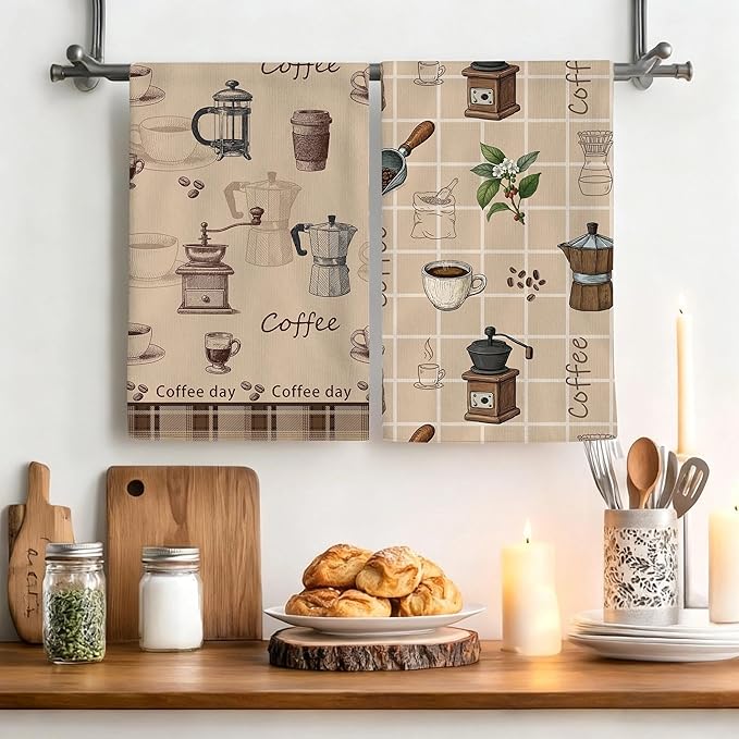 Vintage Coffee Kitchen Towels Decorative Set of 4, Brown Dish Towels Soft Absorbent Cute Tea Towel Hand Towel for Coffee Bar Drying Cleaning Kitchen Decor