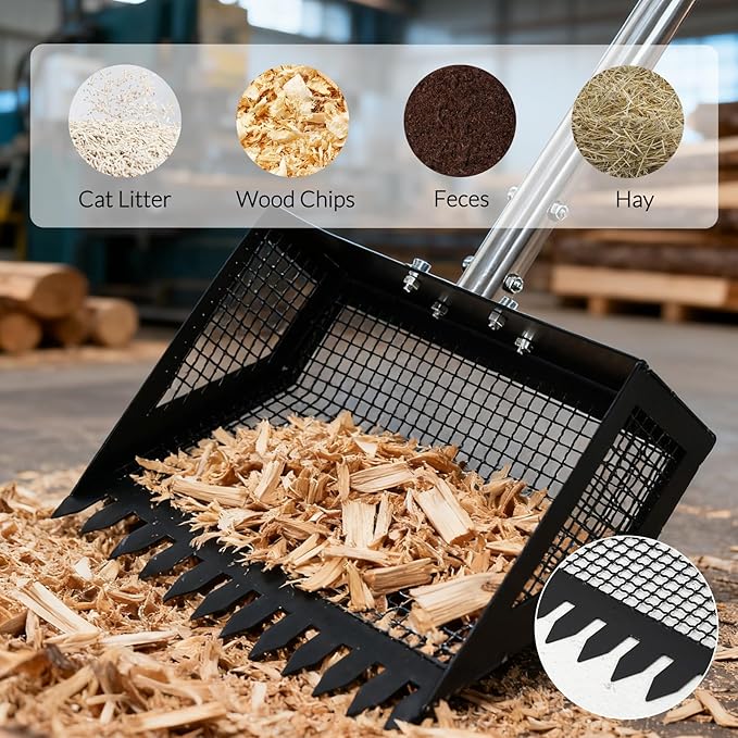 Garvee Chicken Poop Scooper and Rake 2-in-1, 15'' Wide Chicken Coop Scoop with 24'' - 68.8'' Adjustable Handle for Pet Waste Cleaning, Metal Sifting Shovel, Heavy Duty Cleaning Tools, Black
