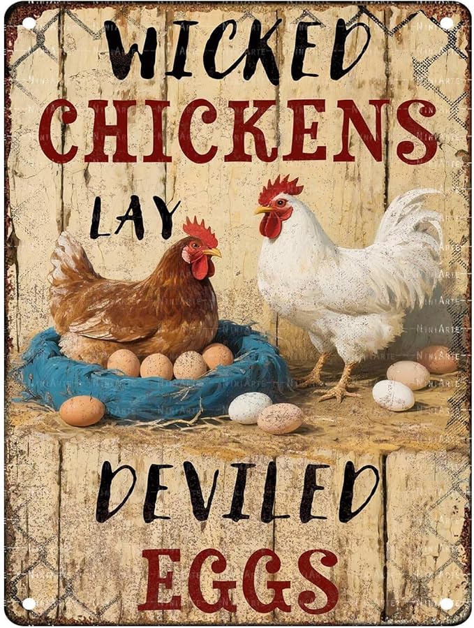 Rustic Metal Tin Sign Wicked Chickens Lay Deviled Eggs Poster Art Country Kitchen Wall Decor Outdoor & Indoor Farmhouse Sign Metal Plaque 8x12 Inch 12X16Inch