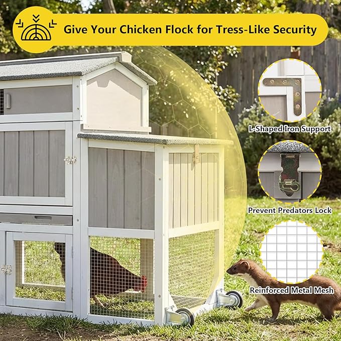 78" Wooden Chicken Coop with Nesting Box, Poultry Cage with Wheel Leak Proof Pull-on Tray and Asphalt Waterproof Roof, Hen House for Garden Backyard Farm