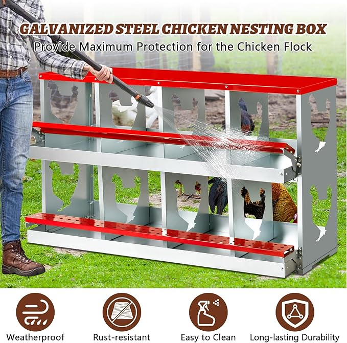 Chicken Nesting Box,Heavy Duty Metal Nest Boxes,8 Hole Roll Away Nesting Boxes,with Large Vented Holes,Wall-Mountable Chicken Coop Nesting Boxes,for Chickens,Ducks,Large Egg Boxes (Red 8 Hole)