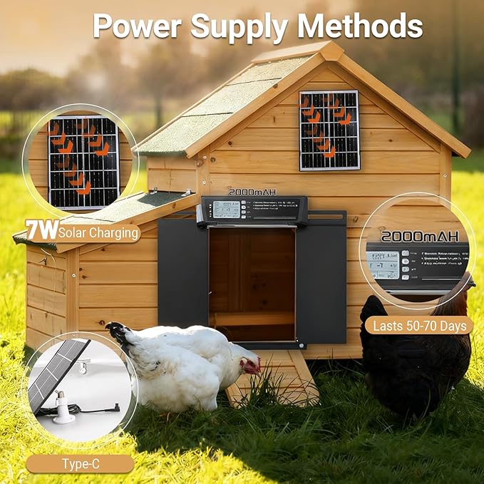 Automatic Chicken Coop Door Solar Powered | Chicken Coop Accessories Auto Chicken Door with LCD Display, 4 Working Modes, 7W High-Power Solar Panel & IP65 Waterproof