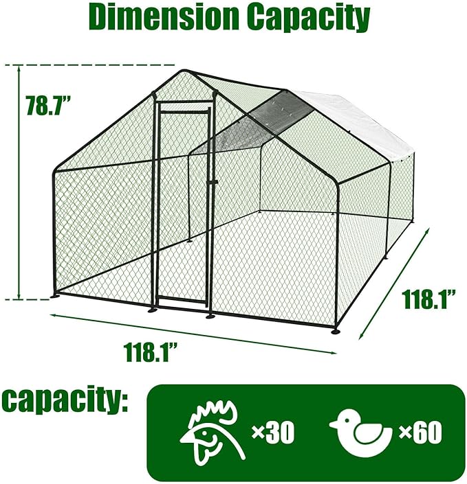Chicken Coop Large Metal Chicken House Chicken Coops, 9.8'L x 9.8'W x 6.6'H, with Waterproof Cover for Rabbits Duck Walk-in Chicken Runs