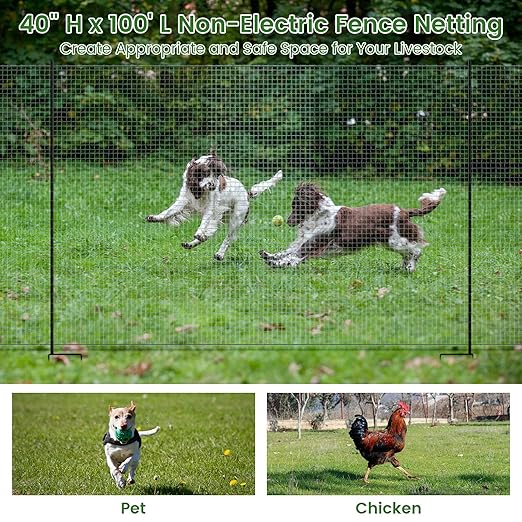 Non Electric Fence Netting, 40in x 100ft Nylon Portable Movable Livestock Nets Mesh for Chickens,Goats, Sheep, Dog, All-Purpose Fencing for Backyard Homesteader Farm Ranche