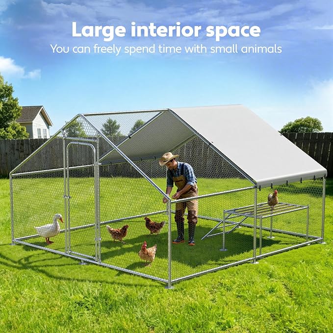 Large Metal Chicken Coop with Roosting Ladder, Waterproof and UV-Resistant Cover,Outdoor Walk-in Cage Hen House for Yard Farm Rabbit Duck Chicken Run, Spire Roof(13.1'W x 9.8'L x 6.4'H)