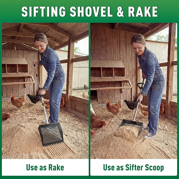 TOOGE Upgraded Chicken Poop Scooper: 10" Metal Pooper Scooper & Rake 4-Section 62" Long Handle Chicken Coop Scoop Scoopers Accessories Large Sand Sifting Litter Shovel for Goats/Yard/Farm/Beach Black