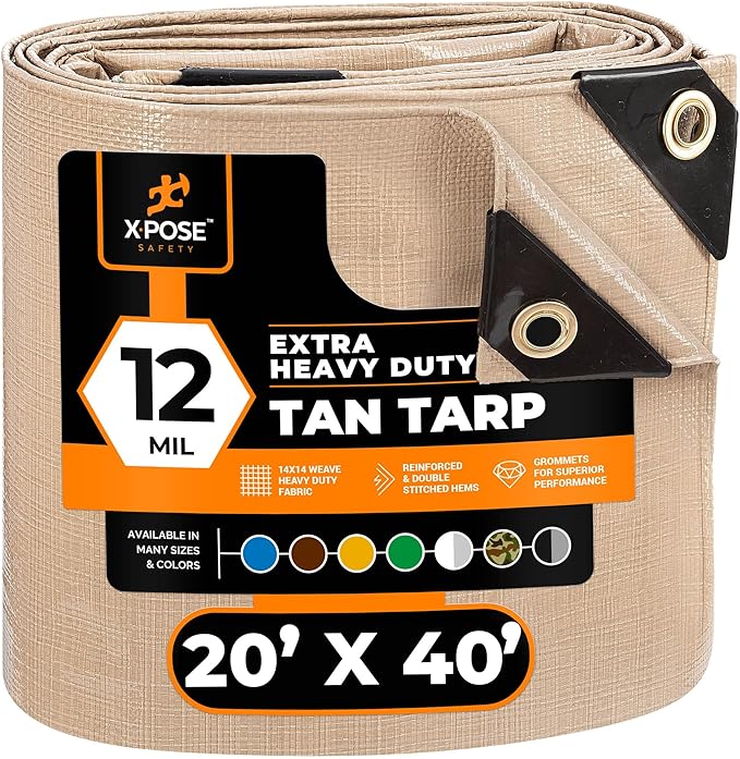 Heavy Duty Tan Poly Tarp 20' X 40' - Multipurpose Protective Cover - Durable, Waterproof, Weather Proof, Rip and Tear Resistant - Extra Thick 12 Mil Polyethylene - by Xpose Safety