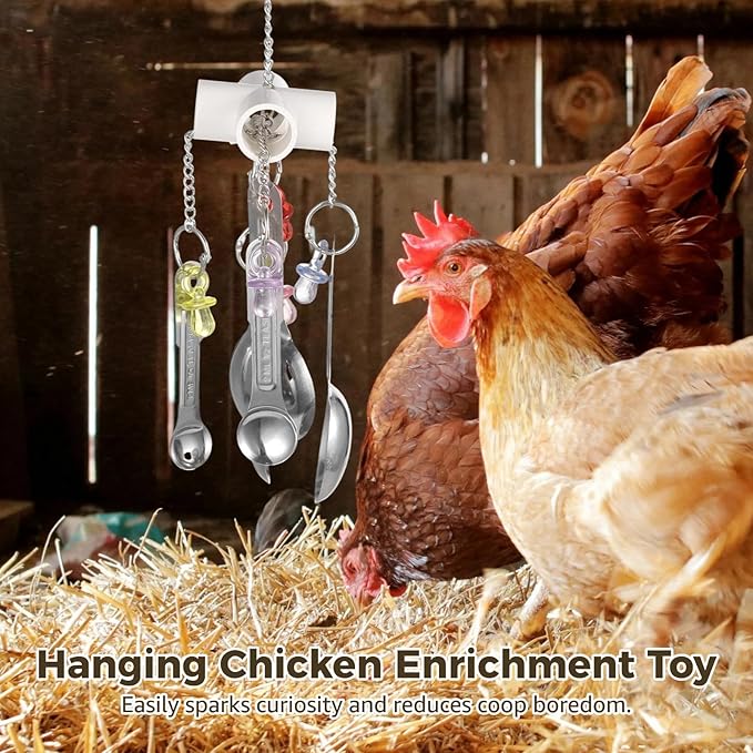 2 Pcs Chicken Enrichment Toys, Hanging Bird Toys with Metal Spoons, Colorful Chewing Foraging Toys, Poultry Coop Accessories for Chickens, Hens, Ducks, Parrots